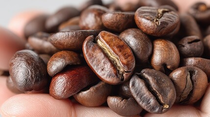 a close-up of a handful of roasted coffee beans on a white isolated background, rich and aromatic design