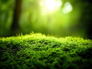 Naklejka premium Lush green moss covering forest floor bathed in warm sunlight creating a serene and peaceful atmosphere nature background with shallow depth of field
