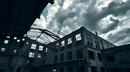 Fototapeta premium haunted old factory with crumbling walls and collapsed roof