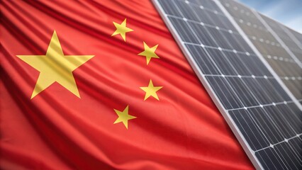 Chinese flag alongside solar panels representing US tariffs on China concept.