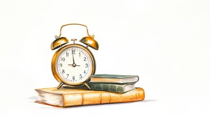 Vintage gold alarm clock rests on a stack of antique books against a white background. Watercolor painting style.