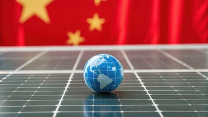 Globe on solar panels with Chinese flag backdrop, symbolizing renewable energy and global connections.
