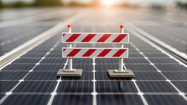 Construction barriers on solar panels for tariffs on China, symbolizing renewable energy challenges.