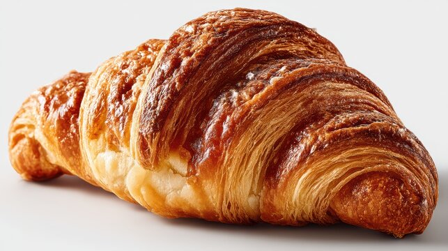 a close-up of a fresh, golden brown croissant with a crisp texture on a white isolated background, indulgent and flaky design