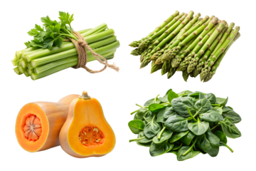 A collection of four vegetables showcases a celery stalk, a cluster of fresh asparagus spears, a butternut squash, and a bunch of fresh green spinach leaves on a transparent background.