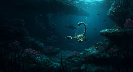 Obraz premium Scorpion submerged in dark water wildlife photography marine animal in natural habitat
