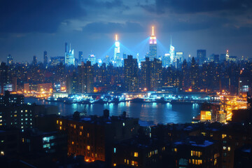 City skyline at night over Hudson River, lit up buildings reflecting on water, sparkling lights, a breathtaking urban scene.