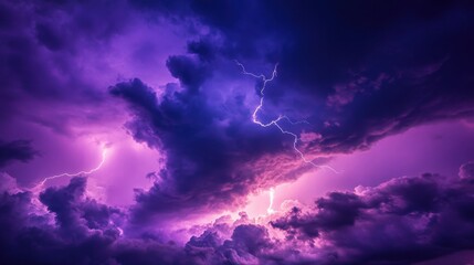 Electric purple skies filled with dark clouds and bright lightning bolts create a dramatic stormy atmosphere.