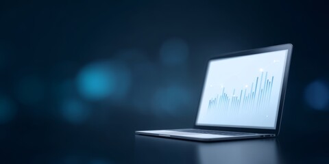 Open laptop displaying rising digital bar graph on blue background