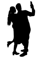 Man and woman make selfies on phone, silhouette. Vector illustration.