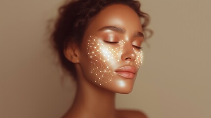 Futuristic beauty technology with AI-powered skincare and dermatology innovation, featuring a dark-skinned woman with glowing skin and digital facial mapping for advanced cosmetology treatments.