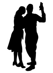 Man and woman make selfies on phone, silhouette. Vector illustration.