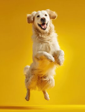 Energetic golden retriever mid air against a vibrant yellow backdrop capturing the essence of joy and playfulness in a studio setting with a low angle view