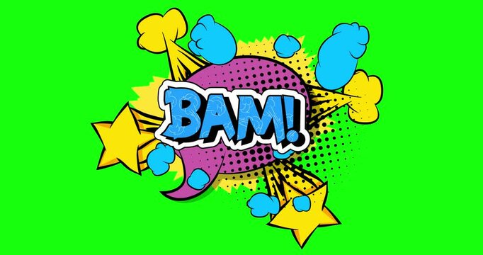Comic book, pop art splash bubble Bam text. Comics motion graphics.