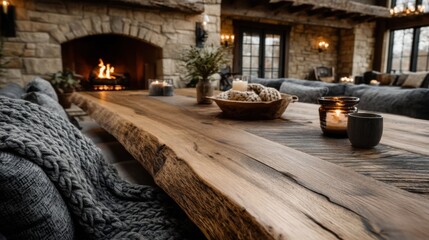 Cozy living room interior with fireplace and rustic wooden table decor