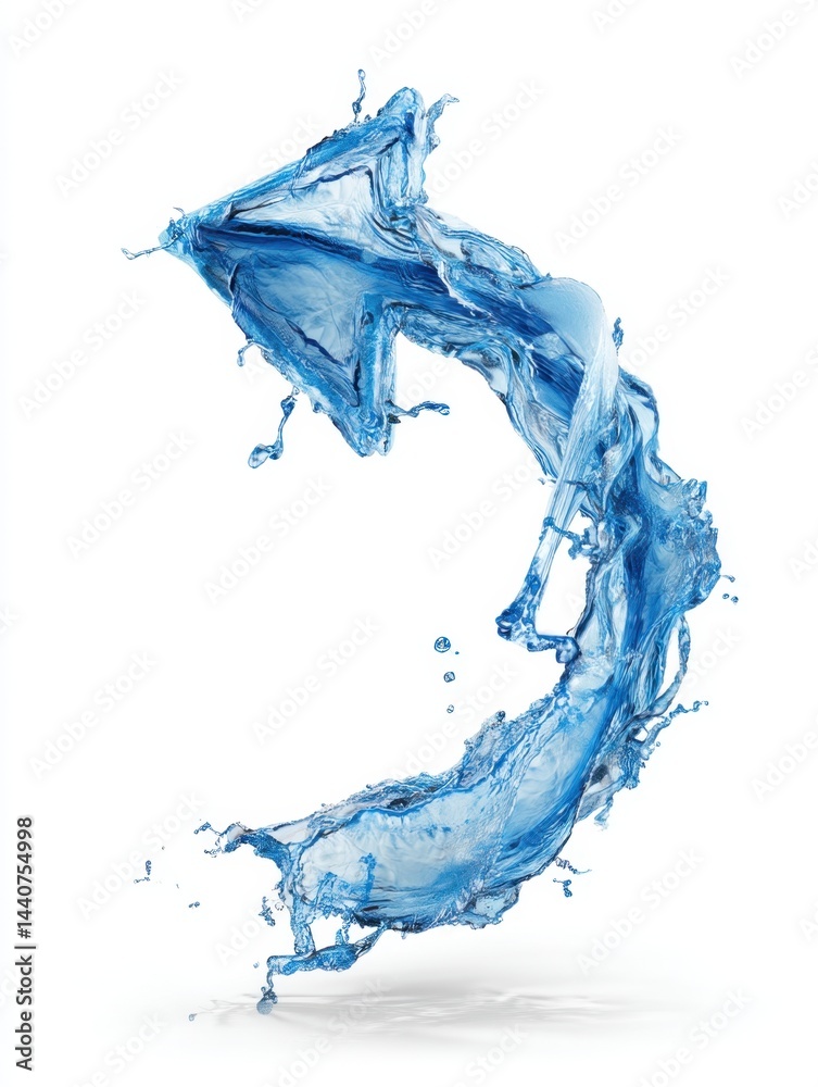 Poster dynamic water sculpture in abstract arrow form against white background creating movement and flow w