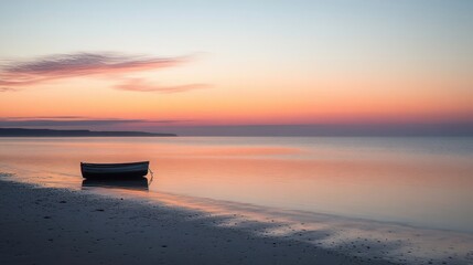 Tranquil Sunset Over Calm Waters with a Lonely Boat on the Shore