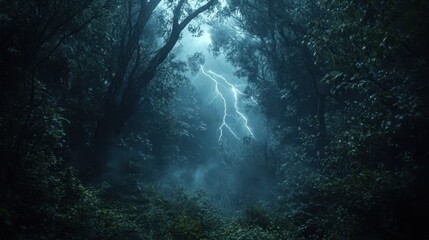 Fototapeta premium Mysterious Forest with Lightning and Fog, Captivating Dark Nature Scene