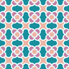Seamless pattern featuring stylized floral and geometric motifs, presented in a harmonious teal, pink, and peach palette, creates a sophisticated and continuous background.