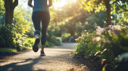 A close-up shot of a woman walking briskly along a scenic outdoor workout trail in a park