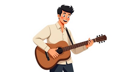  Vector illustration musician plays an acoustic guitar with focus and precision. The wooden-bodied instrument, strung with six strings, showcases the essence of artistic creativity for design