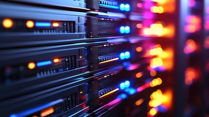 Naklejka premium Close-up of advanced server racks with vibrant neon orange, pink, and blue lights, ideal for technology, cybersecurity, cloud computing, and futuristic digital infrastructure visuals