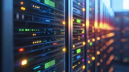 Close-up of colorful server racks with glowing green, orange, and purple lights, ideal for technology, cloud computing, cybersecurity, data storage, and futuristic network visuals