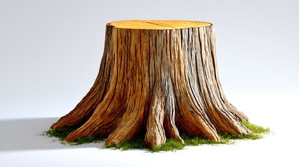 Weathered tree stump with visible rings & textured bark, surrounded by green grass