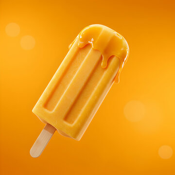A close up studio shot of an orange popsicle with dripping glaze on an orange colored background