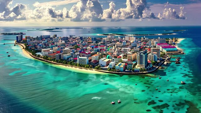 Aerial view of Male, the vibrant capital of the Maldives, showcasing its urban landscape surrounded by stunning turquoise waters and scattered clouds on a sunny day