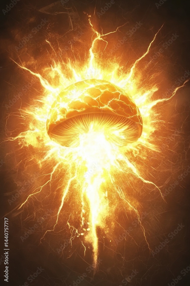 Poster mushroom bursting with intense energy and light creating a fiery and dramatic visual display with a 