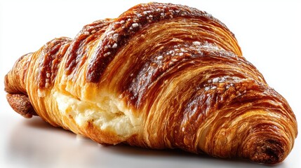 a close-up of a warm and crispy croissant with a golden brown exterior on a white isolated background, flaky and delicious design