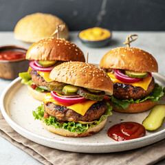 A cheeseburger with beef, cheese, lettuce, and tomato on a sesame bun is served as a fast food meal with french fries