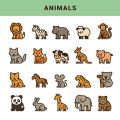 Animal Icon Set. Cute Vector Illustrations of Wildlife and Pets. A colorful and playful vector icon set featuring various animals including pets, wild animals and farm animals.