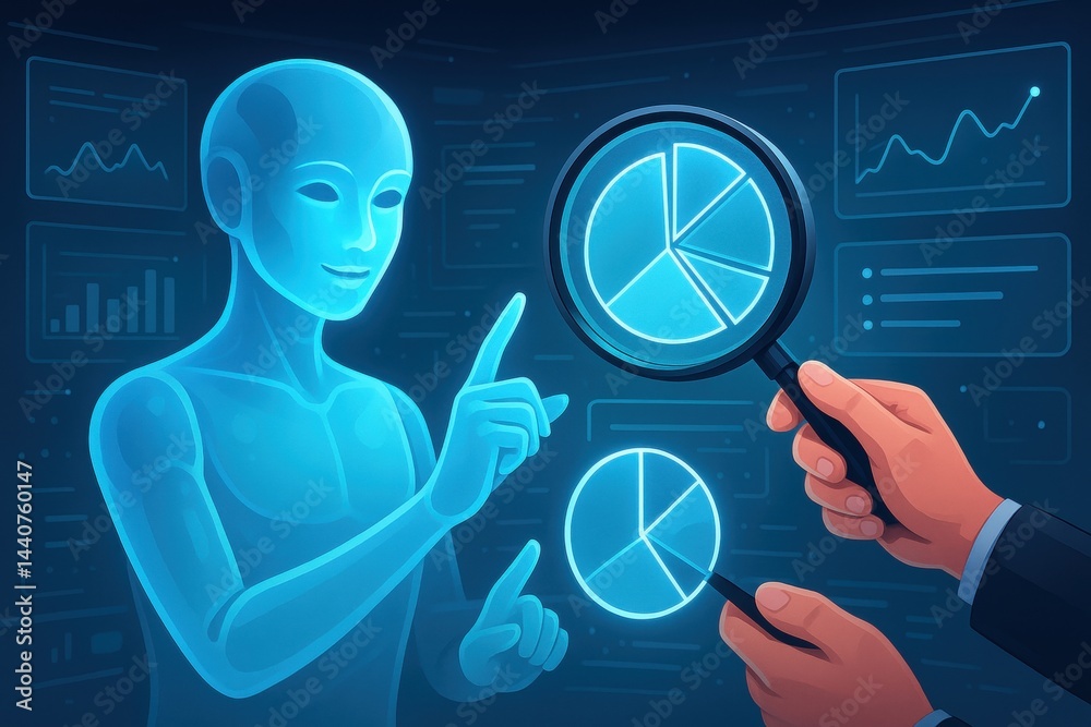Poster ai-powered data analysis: an advanced ai avatar engaging in analytical insights with magnifying glas
