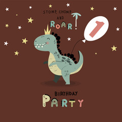 Cute dinosaur in crown . Birthday invitation .