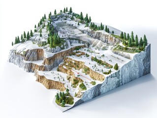 3D cutaway of mountain slope with avalanche control tech, showing snow nets, dynamic barriers, vegetation anchoring, and layered terrain analysis, clean white background