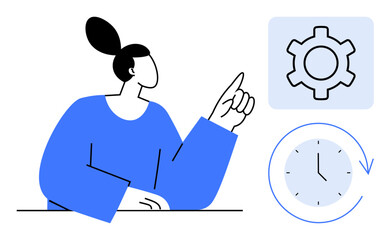 Female figure pointing to gear and clock icons, signifying configuration and time tracking. Ideal for productivity, workflow, settings, time management, planning, scheduling, simple landing page