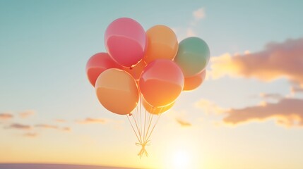 Fototapeta premium A bunch of colorful balloons floats in a beautiful sunset sky. The vibrant colors and warm light create a joyful and uplifting scene. Perfect for celebration themes.