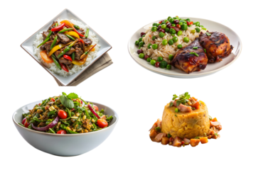 A collection of four gourmet dishes showcasing a Mongolian beef stir-fry, Jamaican jerk chicken, burmese tea leaf salad, and dominican-mofongo on a transparent background.