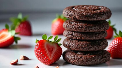 Fresh strawberries and chocolate cookies in vibrant culinary scene with sweet temptations