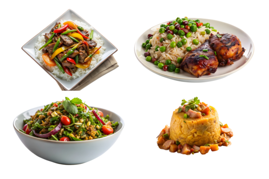 A collection of four gourmet dishes showcasing a Mongolian beef stir-fry, Jamaican jerk chicken, burmese tea leaf salad, and dominican-mofongo on a transparent background.