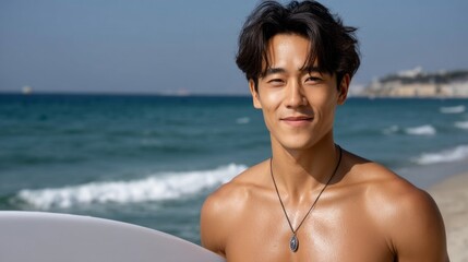 A man with a black necklace is smiling at the camera while holding a surfboard. The beach setting and the man's relaxed posture suggest a carefree and fun atmosphere