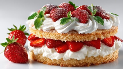 a delicious strawberry shortcake with whipped cream and fresh strawberries on a white isolated background, sweet and indulgent design