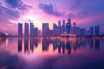 Fototapeta premium Colorful sunset over a modern cityscape with tranquil water reflections, Animated background panorama cityscape with calm water at dusk ing time-lapse Photo