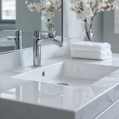 Fototapeta premium Modern bathroom vanity with marble countertop