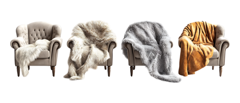 Pack of Cozy Fur Throw on Velvet Armchair Against Transparent Background for Home Decor Branding, Furniture Promotion, or Interior Design Projects