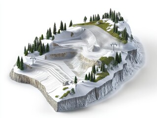 3D cutaway of mountain slope with avalanche control tech, showing snow nets, dynamic barriers, vegetation anchoring, and layered terrain analysis, clean white background