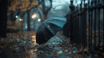 A sleek black umbrella placed in a park background 