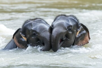 Fototapeta premium Cute playful elephants enjoy a bath in the river in Sri Lanka during a sunny day, Cute playful elephants bathing in river Sri Lanka wildlife conservation site